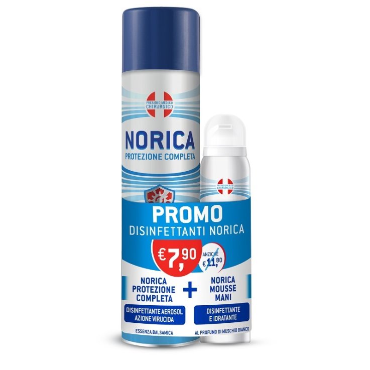 NORICA PROTEZIONE COMPLETA DISINFETTANTE AEROSOLO AZIONE VIRUCIDA ESSENZA BALSAMICA 300 ML + MOUSSE MANI DISINFETTANTE EIDRATANTE MUSCHIO BIANCO